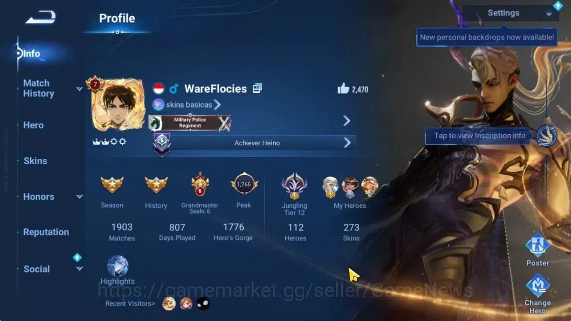 Honor of Kings Accounts Hero112 Skin273|Flawless(Kaizer),Mythic(Diao),AOT( image 2